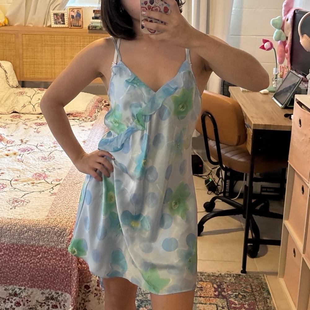Blue and Green Tie-Dye Chemise with Spaghetti Straps